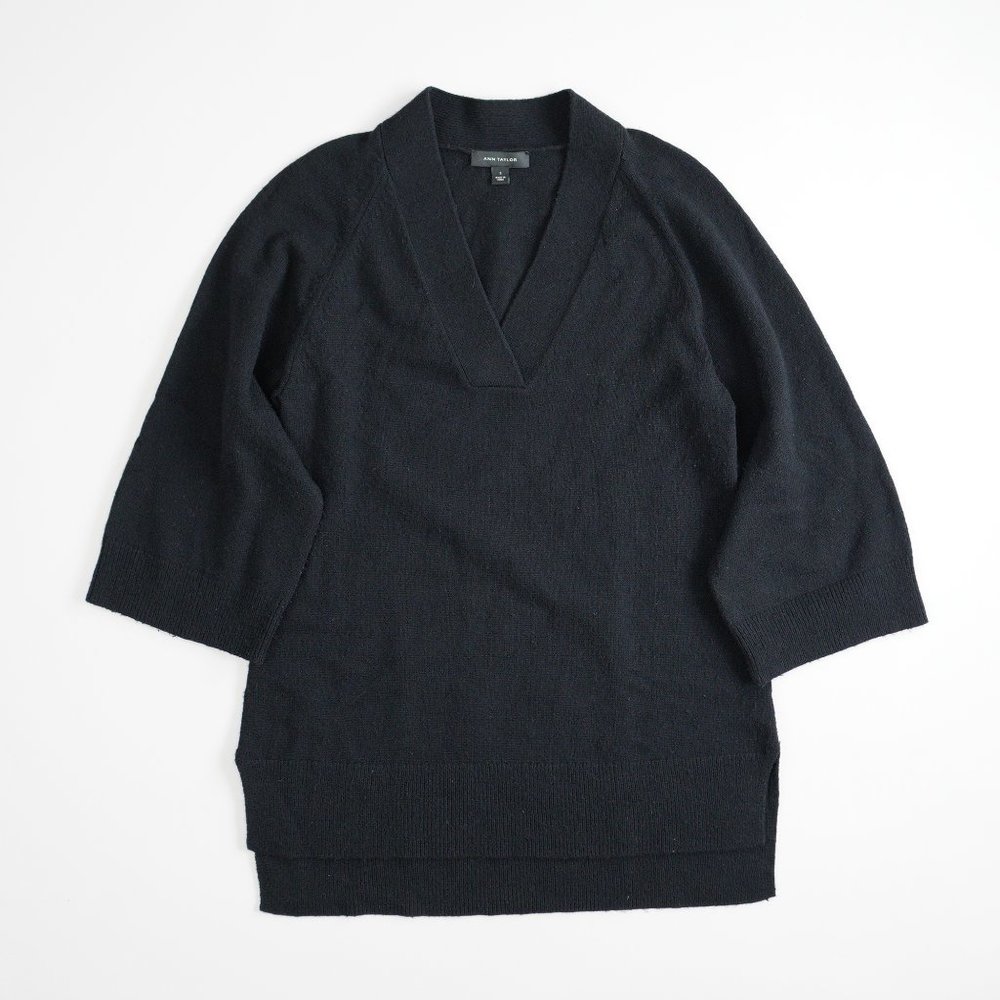 Ann Taylor Wool Blend Lagenlook Tunic Sweater V-Neck Pullover Women Size S Black